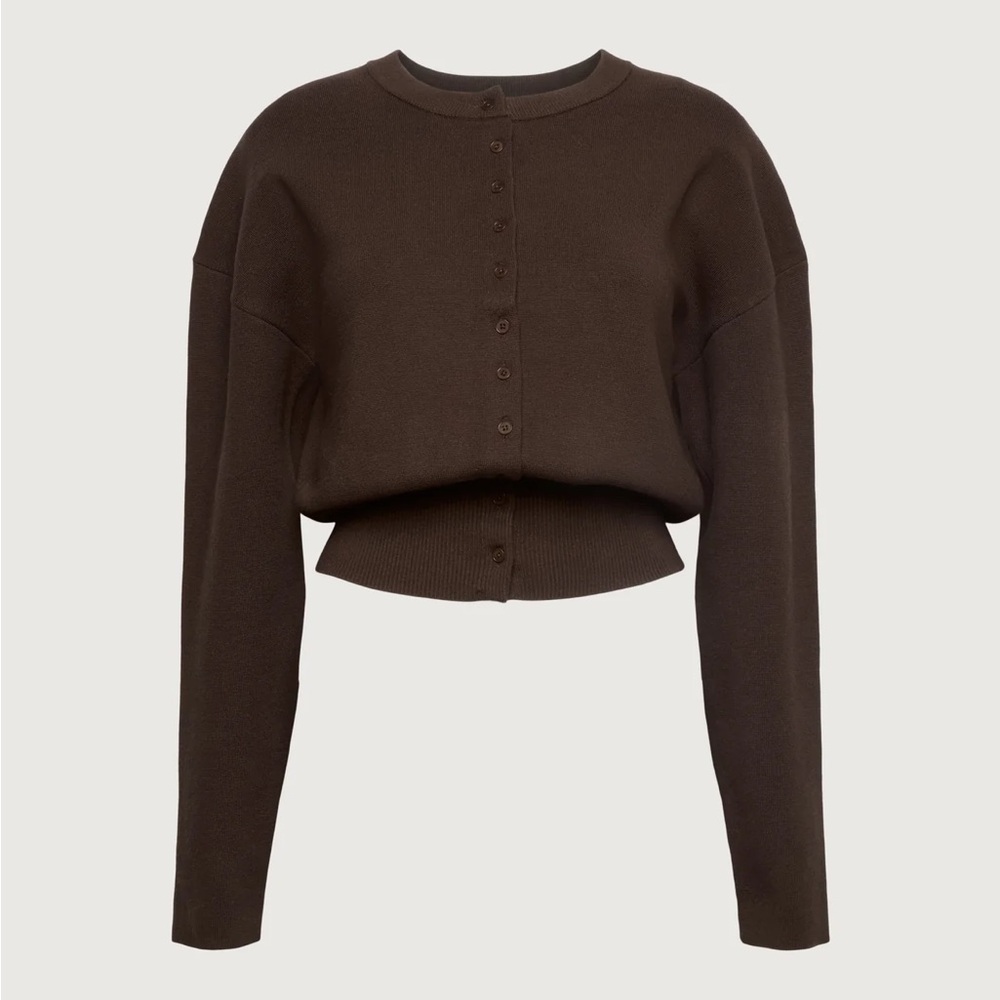 OAK + FORT Cinched Waist Button Front Cardigan in Coffee Bean